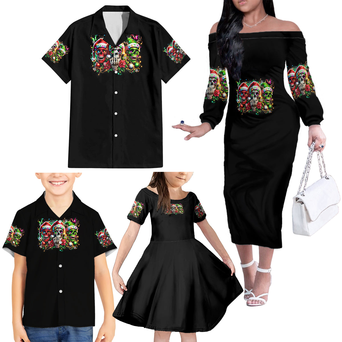 Sugar Skull Santa Family Matching Off Shoulder Long Sleeve Dress and Hawaiian Shirt The Good Girl In Me Got Tired So Bitch In Me Came Out - Wonder Print Shop