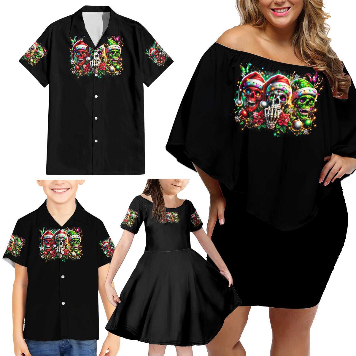 Sugar Skull Santa Family Matching Off Shoulder Short Dress and Hawaiian Shirt The Good Girl In Me Got Tired So Bitch In Me Came Out - Wonder Print Shop
