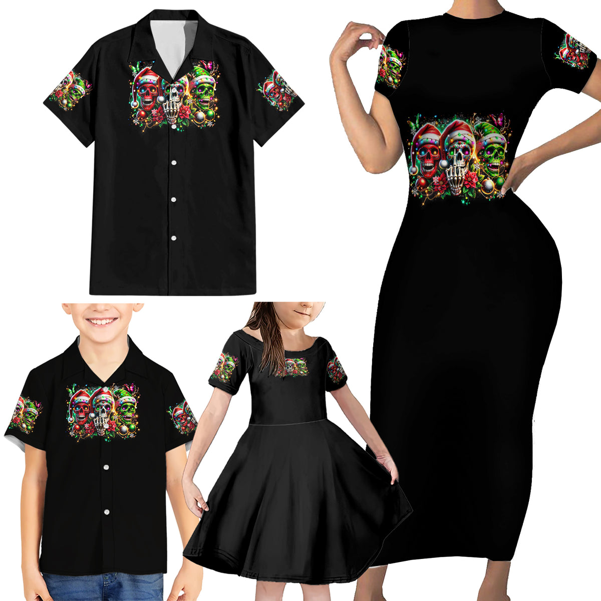 Sugar Skull Santa Family Matching Short Sleeve Bodycon Dress and Hawaiian Shirt The Good Girl In Me Got Tired So Bitch In Me Came Out - Wonder Print Shop