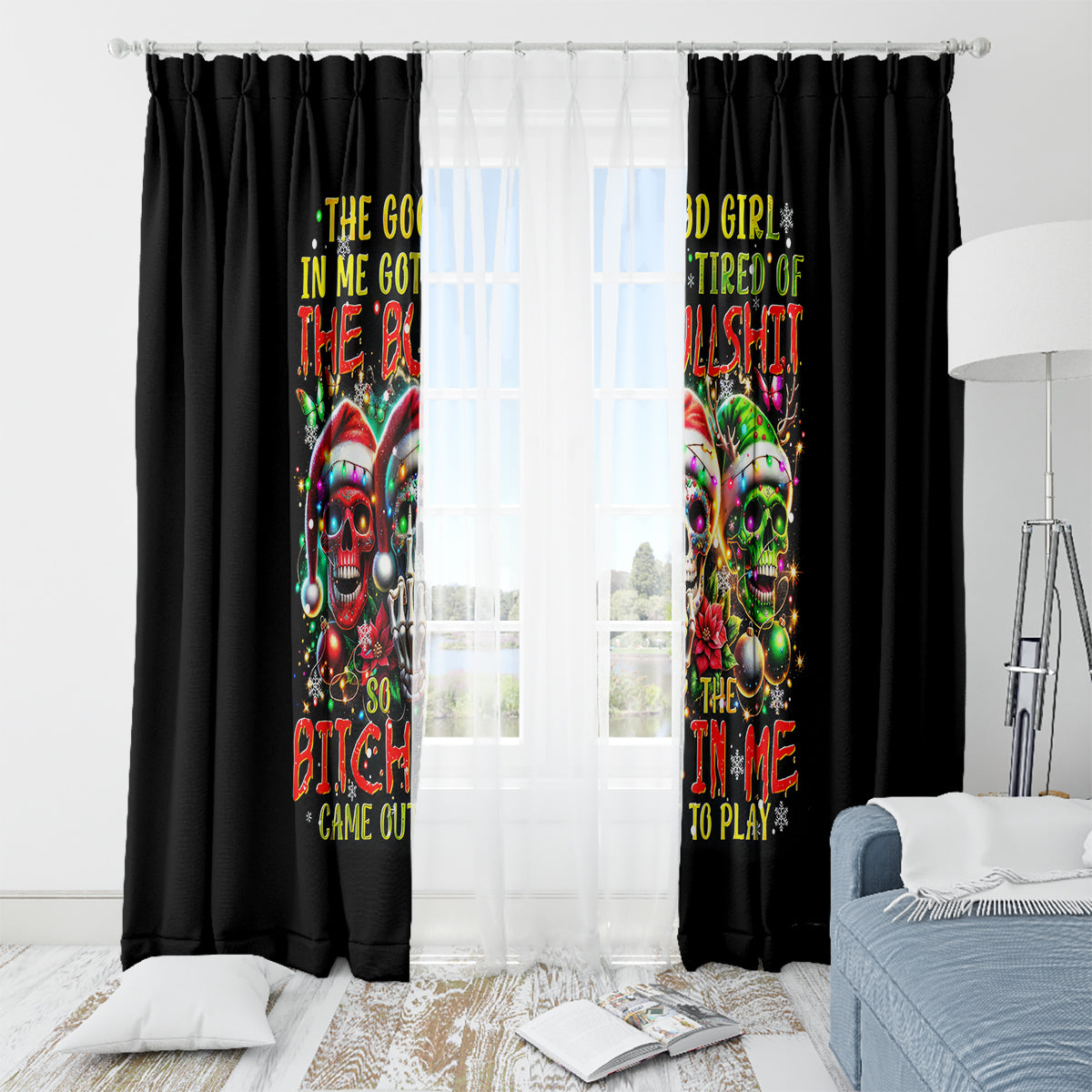 Sugar Skull Santa Window Curtain The Good Girl In Me Got Tired So Bitch In Me Came Out - Wonder Print Shop