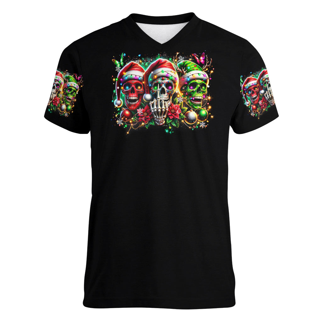 Sugar Skull Santa Women V Neck T Shirt The Good Girl In Me Got Tired So Bitch In Me Came Out - Wonder Print Shop