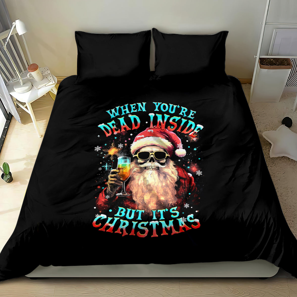 Skeleton Santa Claus Bedding Set Whe You're Dead Inside But It's Christmas - Wonder Print Shop