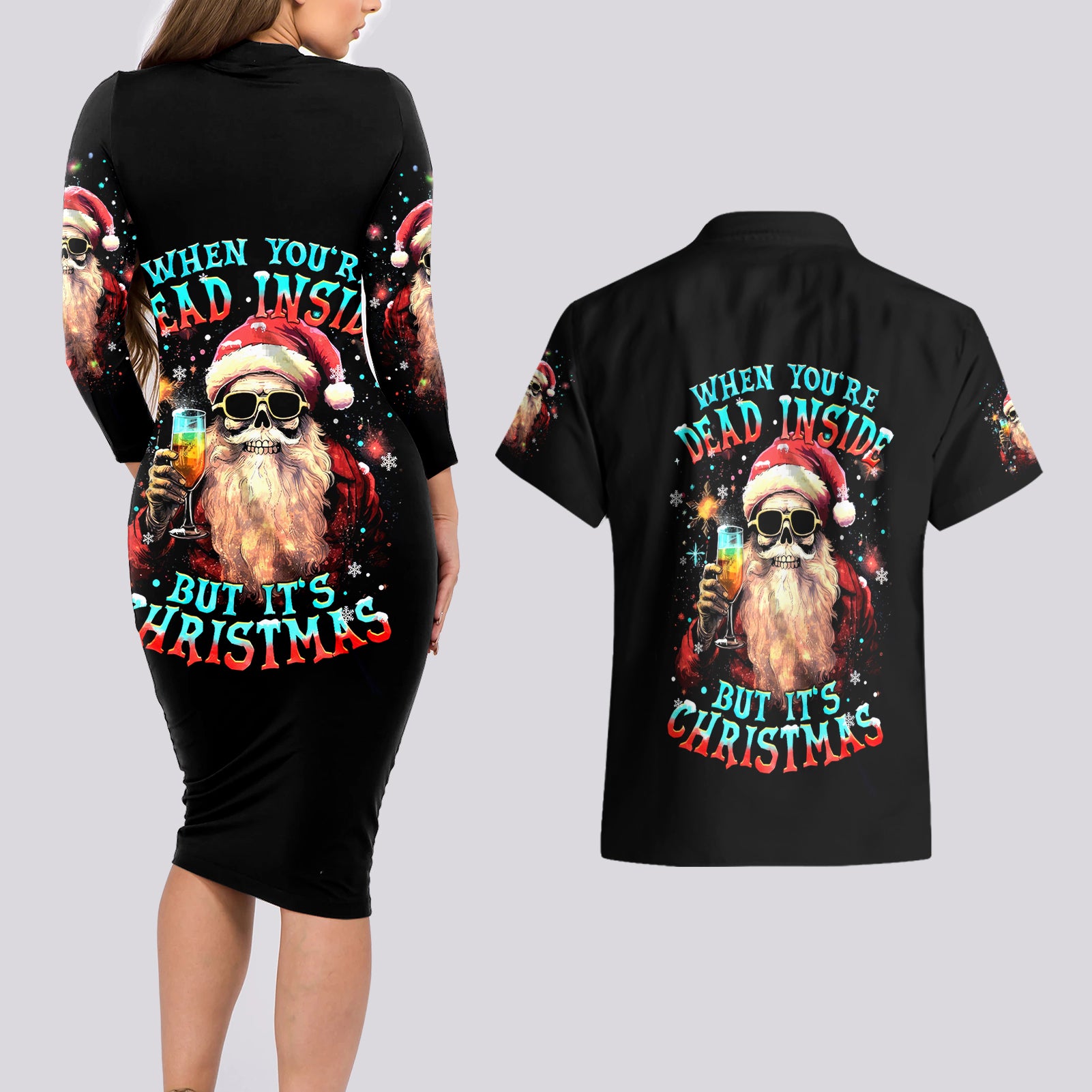 Skeleton Santa Claus Couples Matching Long Sleeve Bodycon Dress and Hawaiian Shirt Whe You're Dead Inside But It's Christmas - Wonder Print Shop