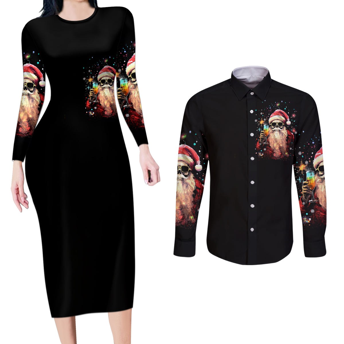 Skeleton Santa Claus Couples Matching Long Sleeve Bodycon Dress and Long Sleeve Button Shirt Whe You're Dead Inside But It's Christmas - Wonder Print Shop