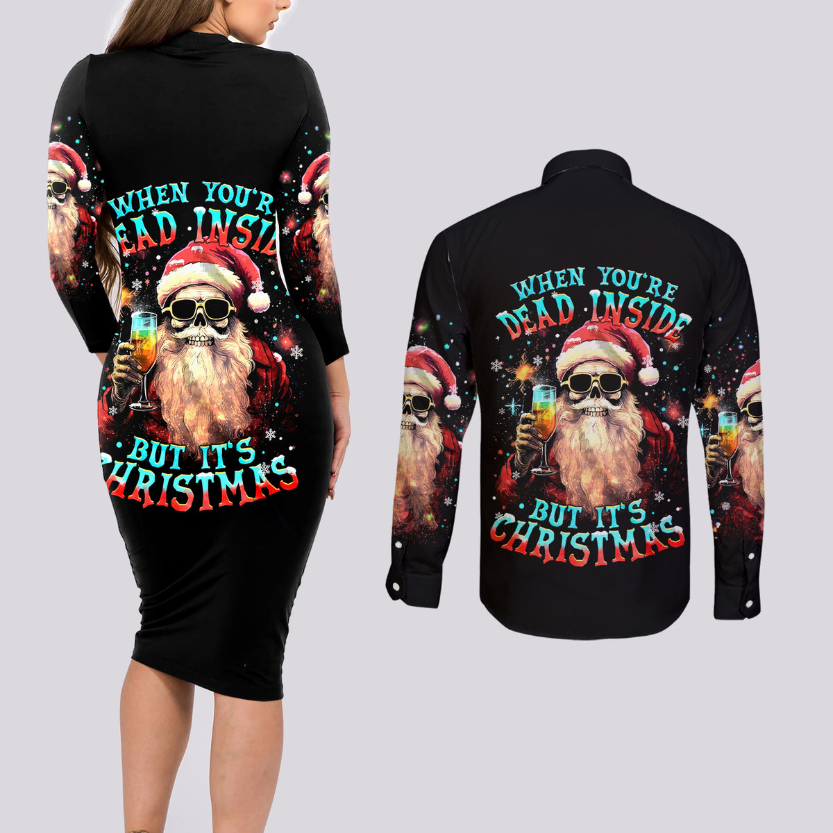 Skeleton Santa Claus Couples Matching Long Sleeve Bodycon Dress and Long Sleeve Button Shirt Whe You're Dead Inside But It's Christmas - Wonder Print Shop