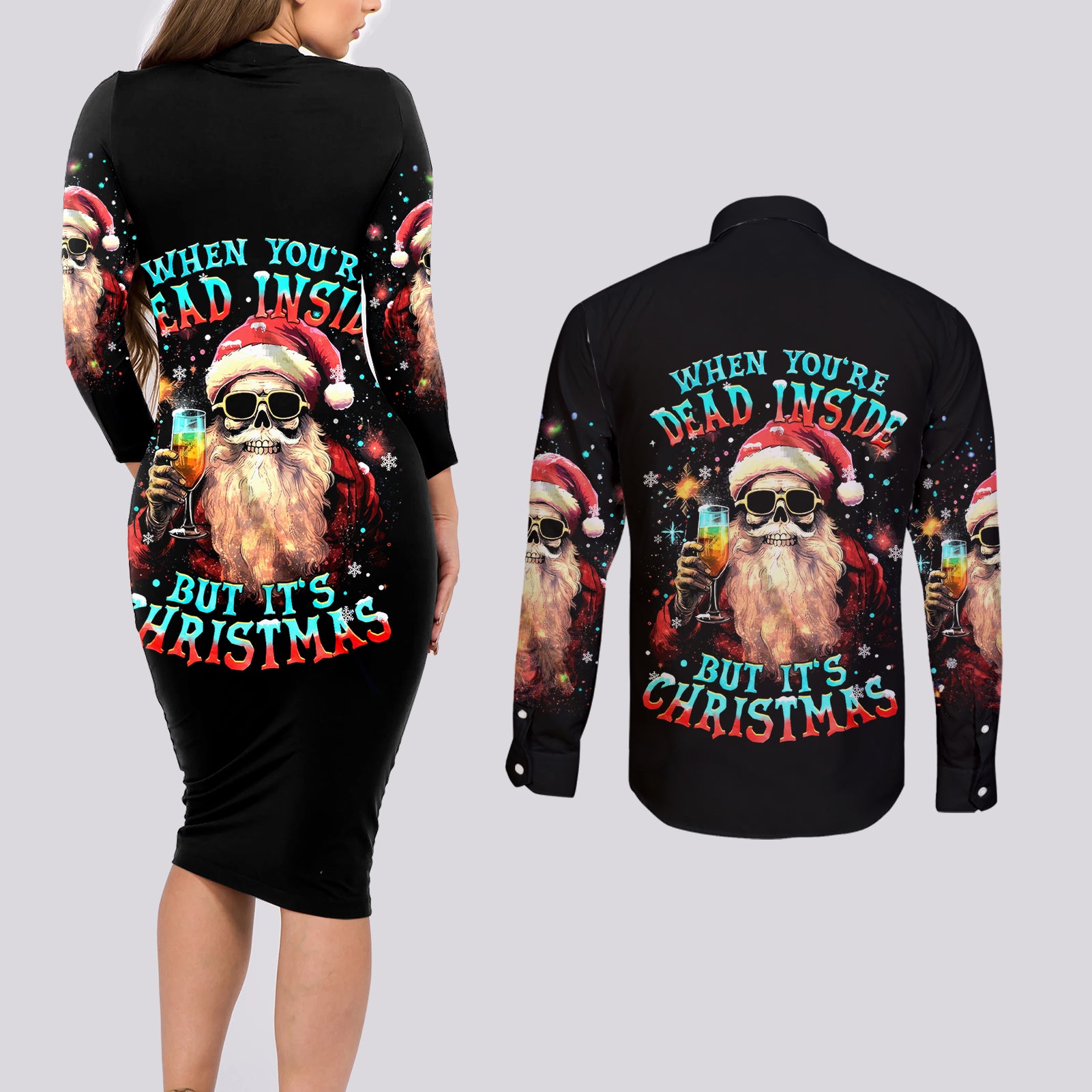 Skeleton Santa Claus Couples Matching Long Sleeve Bodycon Dress and Long Sleeve Button Shirt Whe You're Dead Inside But It's Christmas - Wonder Print Shop