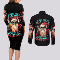 Skeleton Santa Claus Couples Matching Long Sleeve Bodycon Dress and Long Sleeve Button Shirt Whe You're Dead Inside But It's Christmas - Wonder Print Shop