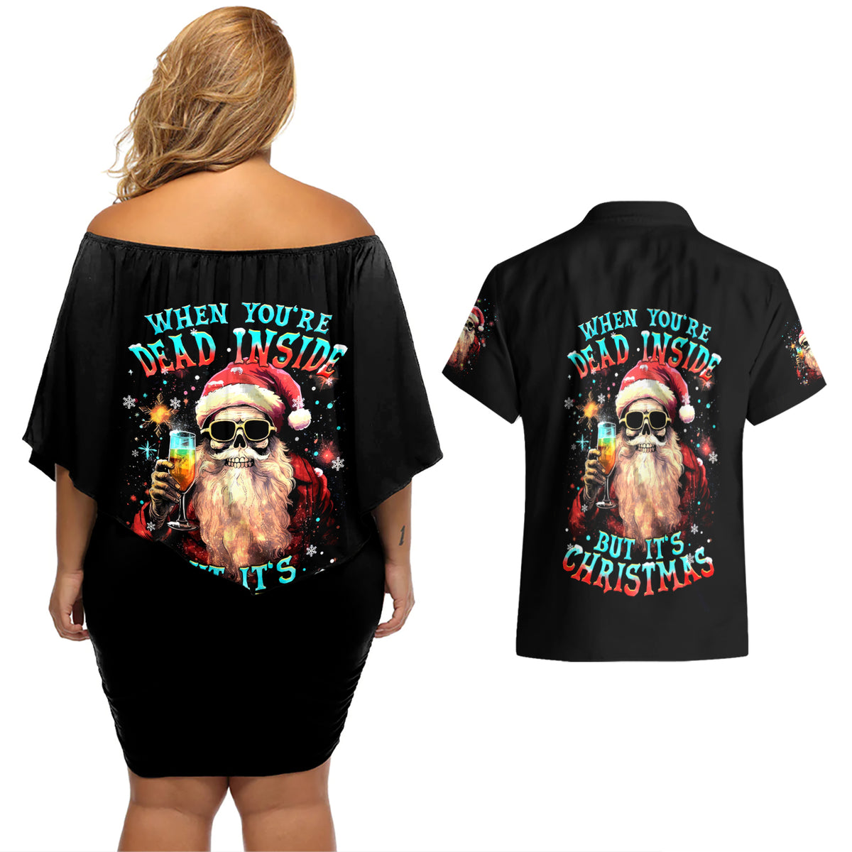 Skeleton Santa Claus Couples Matching Off Shoulder Short Dress and Hawaiian Shirt Whe You're Dead Inside But It's Christmas - Wonder Print Shop