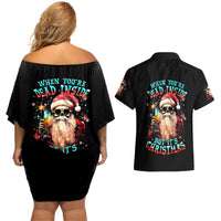 Skeleton Santa Claus Couples Matching Off Shoulder Short Dress and Hawaiian Shirt Whe You're Dead Inside But It's Christmas - Wonder Print Shop