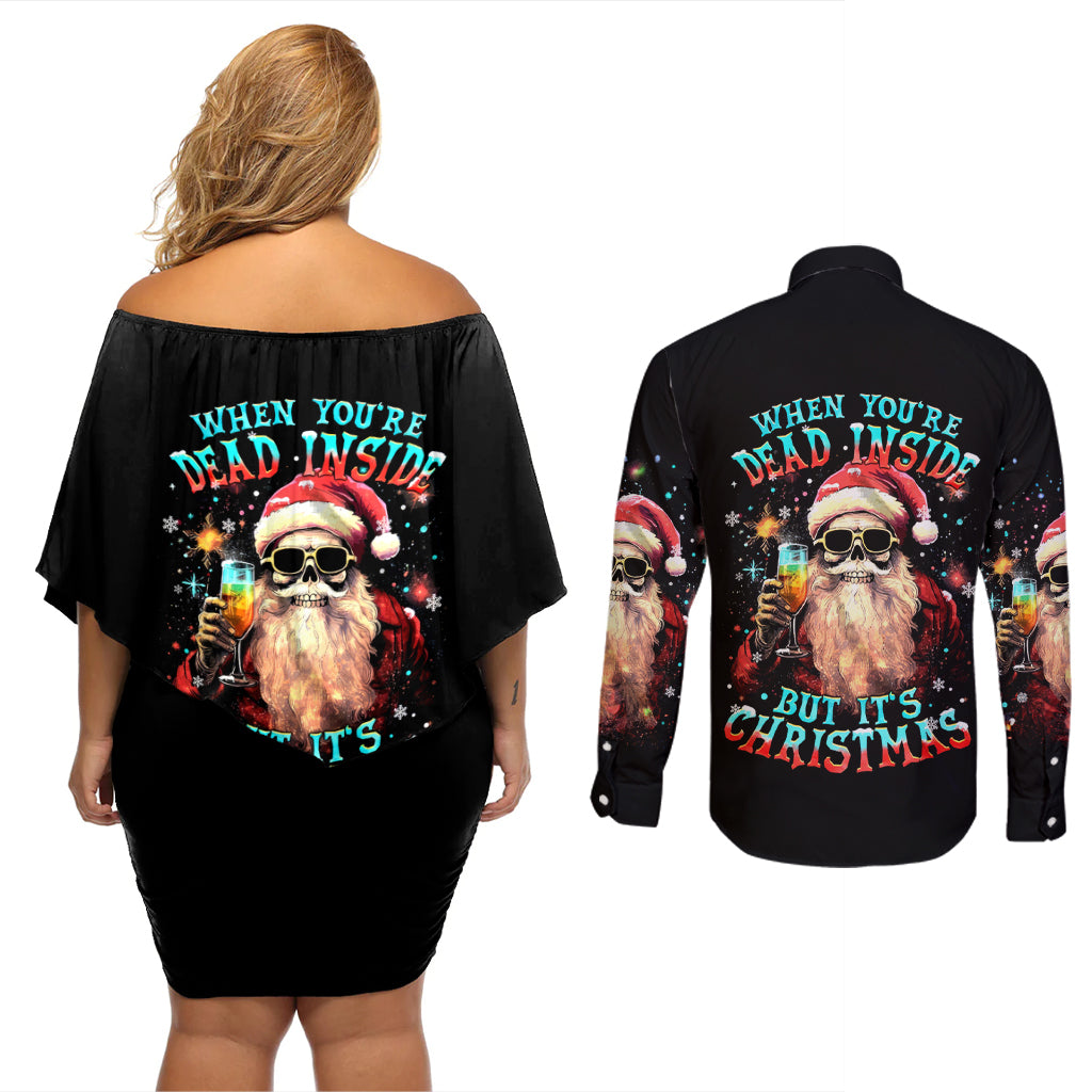 Skeleton Santa Claus Couples Matching Off Shoulder Short Dress and Long Sleeve Button Shirt Whe You're Dead Inside But It's Christmas - Wonder Print Shop