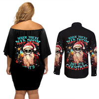 Skeleton Santa Claus Couples Matching Off Shoulder Short Dress and Long Sleeve Button Shirt Whe You're Dead Inside But It's Christmas - Wonder Print Shop