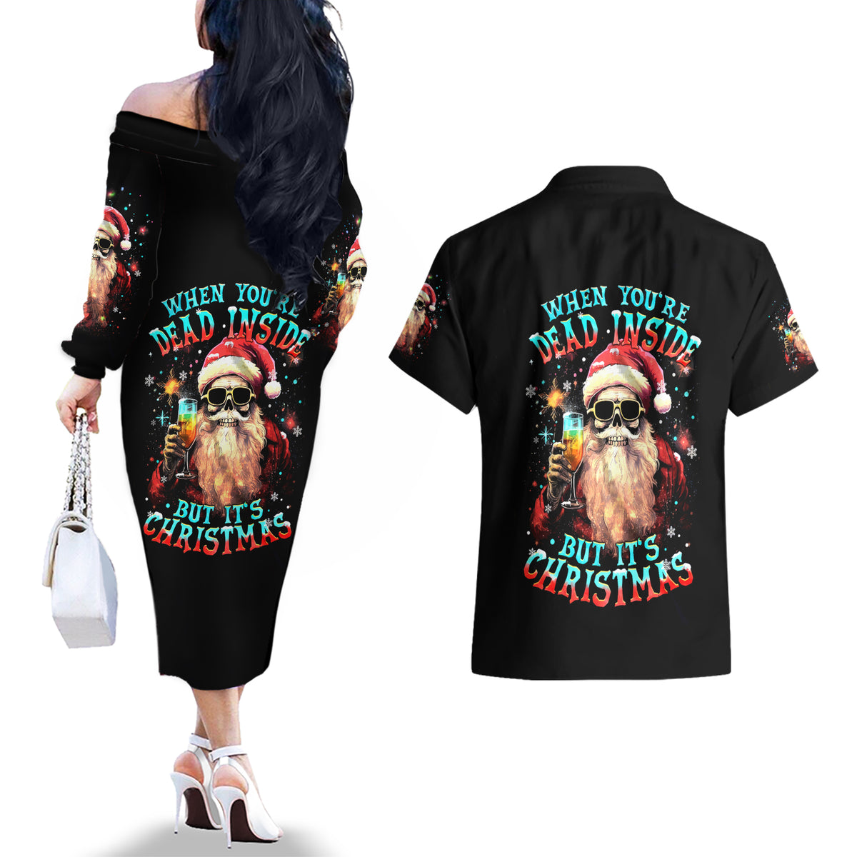Skeleton Santa Claus Couples Matching Off The Shoulder Long Sleeve Dress and Hawaiian Shirt Whe You're Dead Inside But It's Christmas - Wonder Print Shop