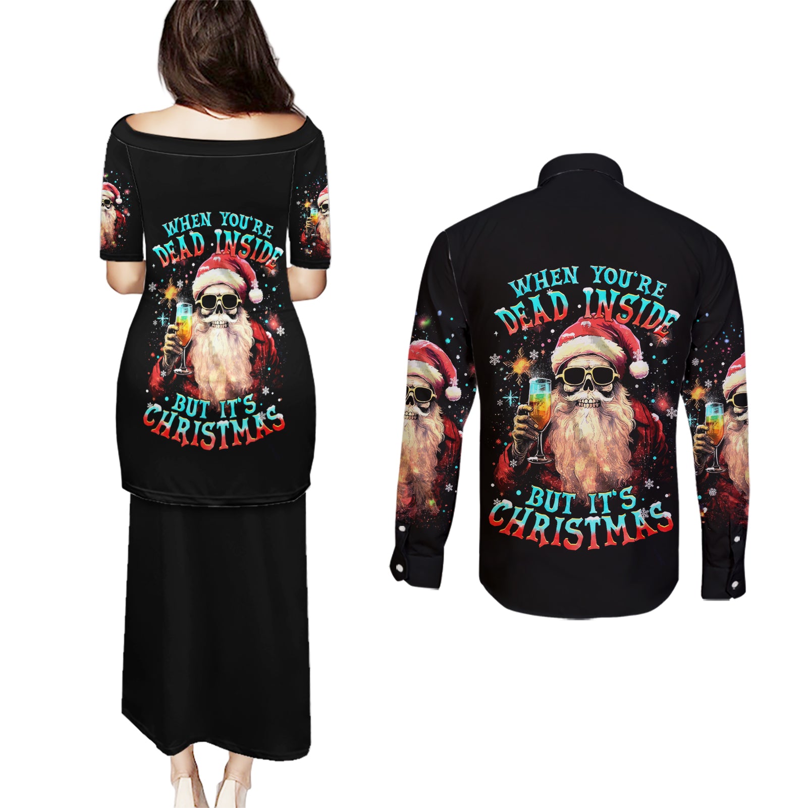Skeleton Santa Claus Couples Matching Puletasi Dress and Long Sleeve Button Shirt Whe You're Dead Inside But It's Christmas - Wonder Print Shop