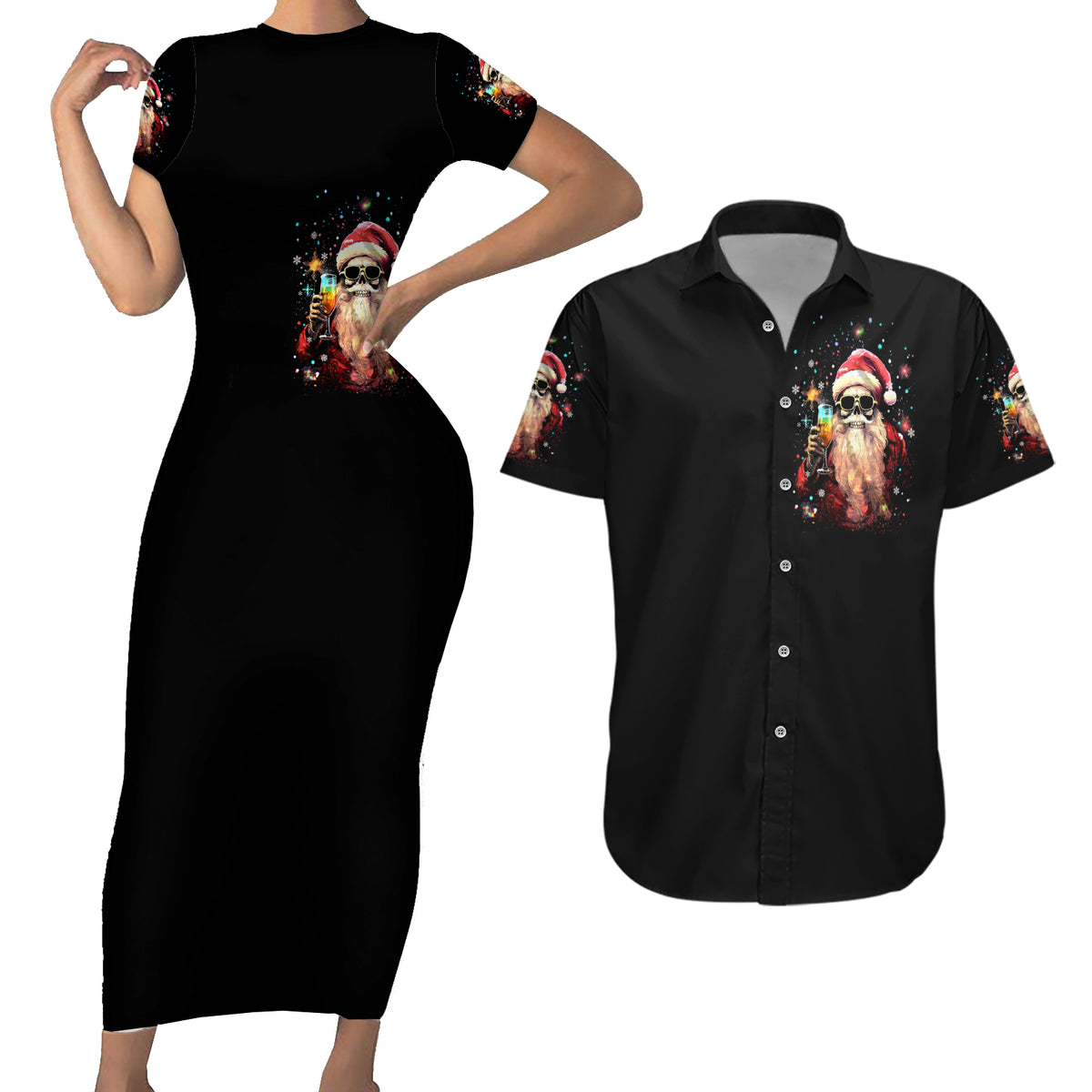 Skeleton Santa Claus Couples Matching Short Sleeve Bodycon Dress and Hawaiian Shirt Whe You're Dead Inside But It's Christmas - Wonder Print Shop