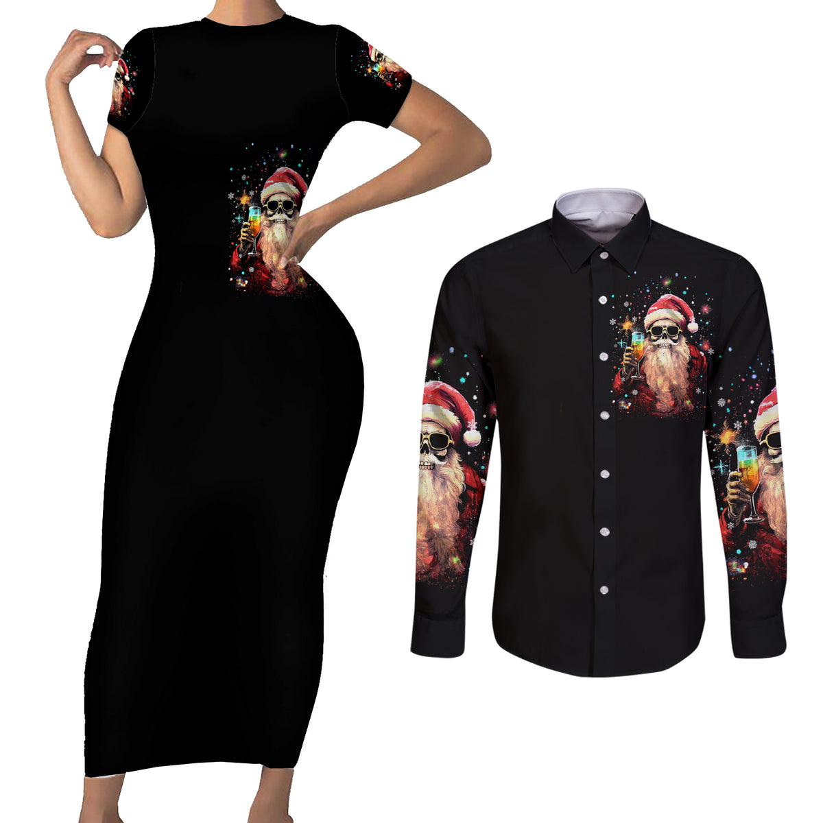 Skeleton Santa Claus Couples Matching Short Sleeve Bodycon Dress and Long Sleeve Button Shirt Whe You're Dead Inside But It's Christmas - Wonder Print Shop
