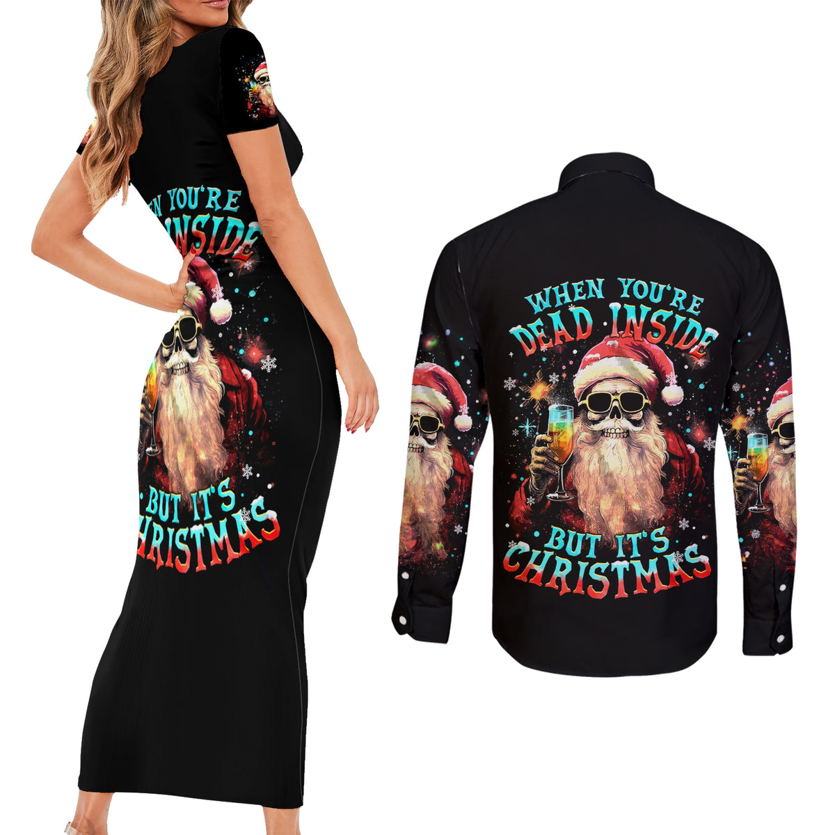 Skeleton Santa Claus Couples Matching Short Sleeve Bodycon Dress and Long Sleeve Button Shirt Whe You're Dead Inside But It's Christmas - Wonder Print Shop
