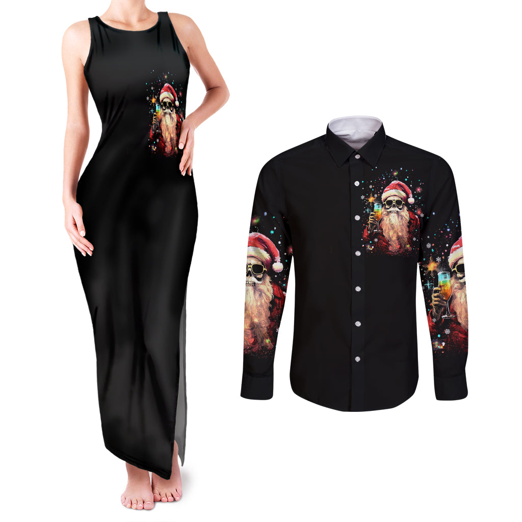 Skeleton Santa Claus Couples Matching Tank Maxi Dress and Long Sleeve Button Shirt Whe You're Dead Inside But It's Christmas - Wonder Print Shop