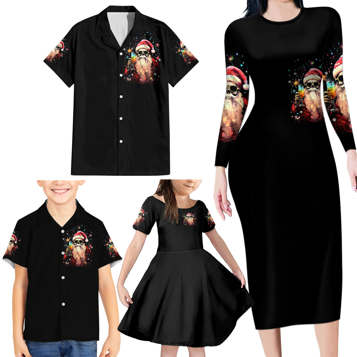 Skeleton Santa Claus Family Matching Long Sleeve Bodycon Dress and Hawaiian Shirt Whe You're Dead Inside But It's Christmas - Wonder Print Shop