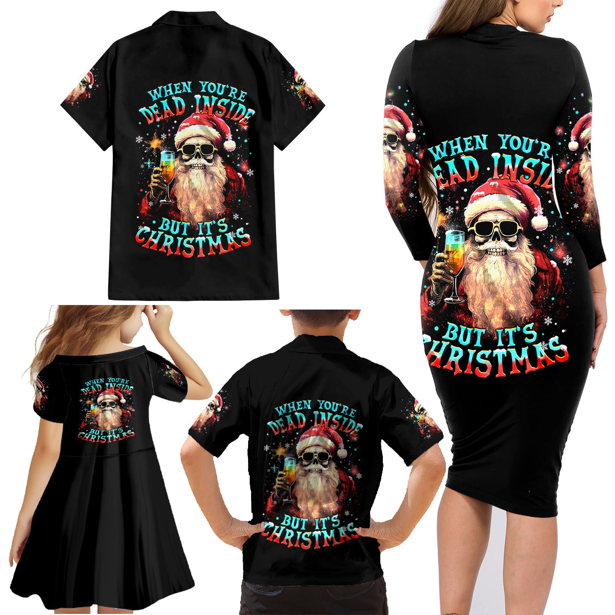 Skeleton Santa Claus Family Matching Long Sleeve Bodycon Dress and Hawaiian Shirt Whe You're Dead Inside But It's Christmas - Wonder Print Shop