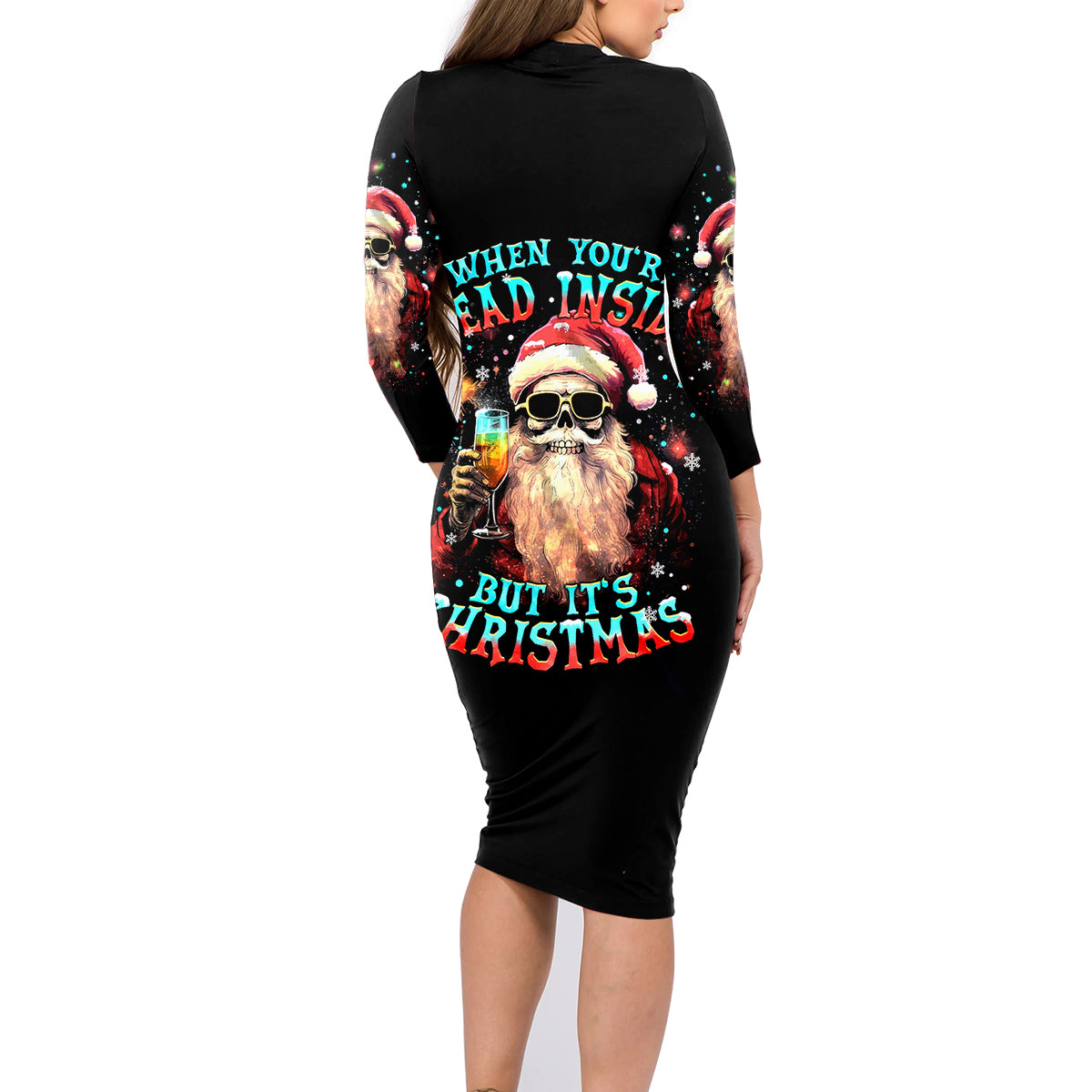 Skeleton Santa Claus Family Matching Long Sleeve Bodycon Dress and Hawaiian Shirt Whe You're Dead Inside But It's Christmas - Wonder Print Shop