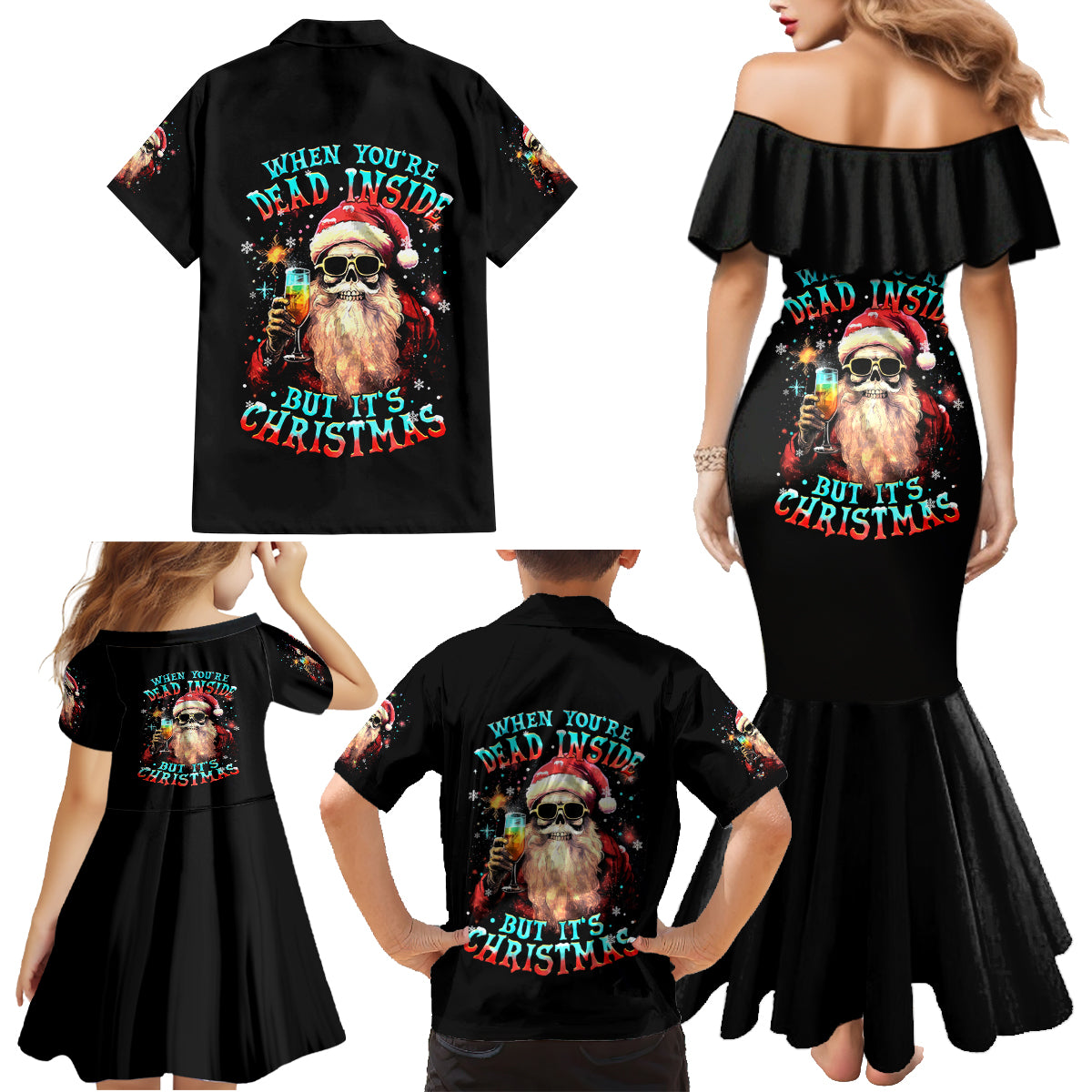 Skeleton Santa Claus Family Matching Mermaid Dress and Hawaiian Shirt Whe You're Dead Inside But It's Christmas - Wonder Print Shop