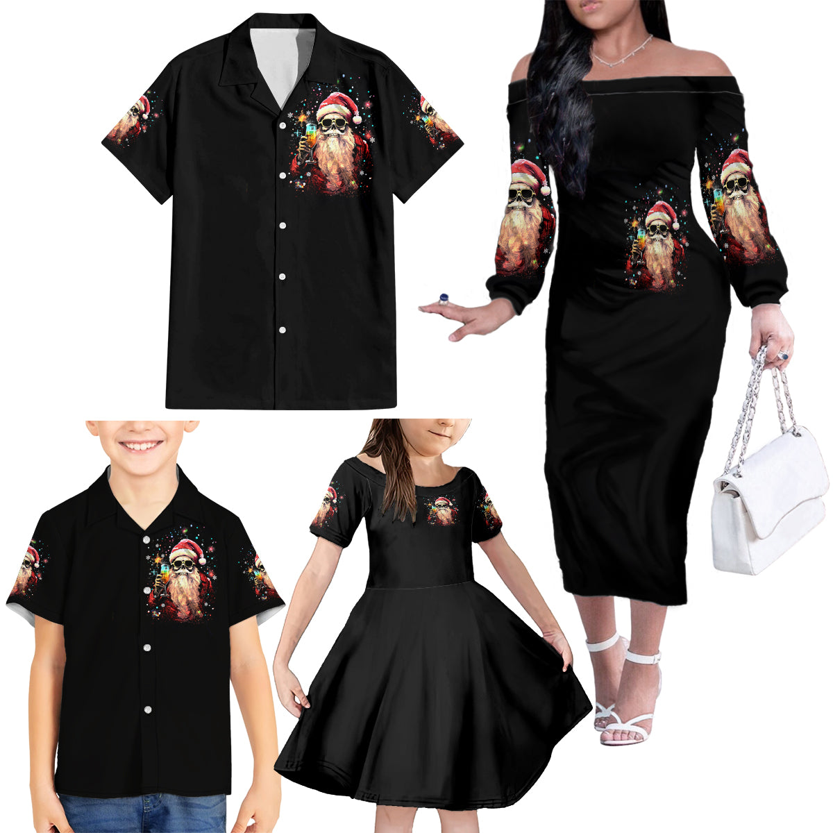 Skeleton Santa Claus Family Matching Off Shoulder Long Sleeve Dress and Hawaiian Shirt Whe You're Dead Inside But It's Christmas - Wonder Print Shop