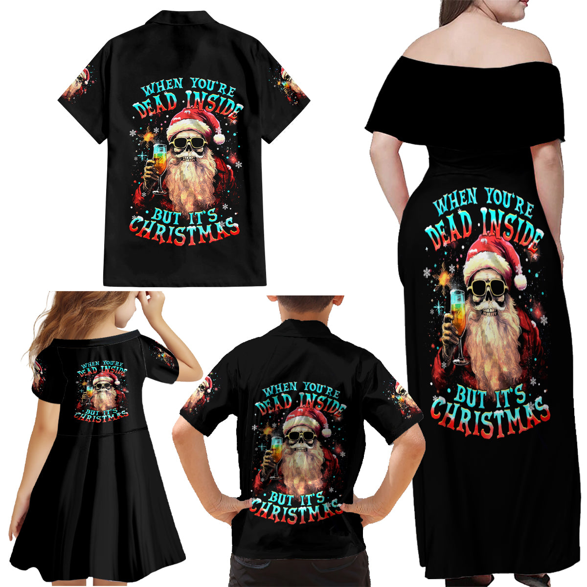 Skeleton Santa Claus Family Matching Off Shoulder Maxi Dress and Hawaiian Shirt Whe You're Dead Inside But It's Christmas - Wonder Print Shop
