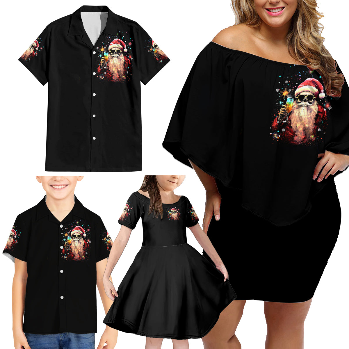 Skeleton Santa Claus Family Matching Off Shoulder Short Dress and Hawaiian Shirt Whe You're Dead Inside But It's Christmas - Wonder Print Shop