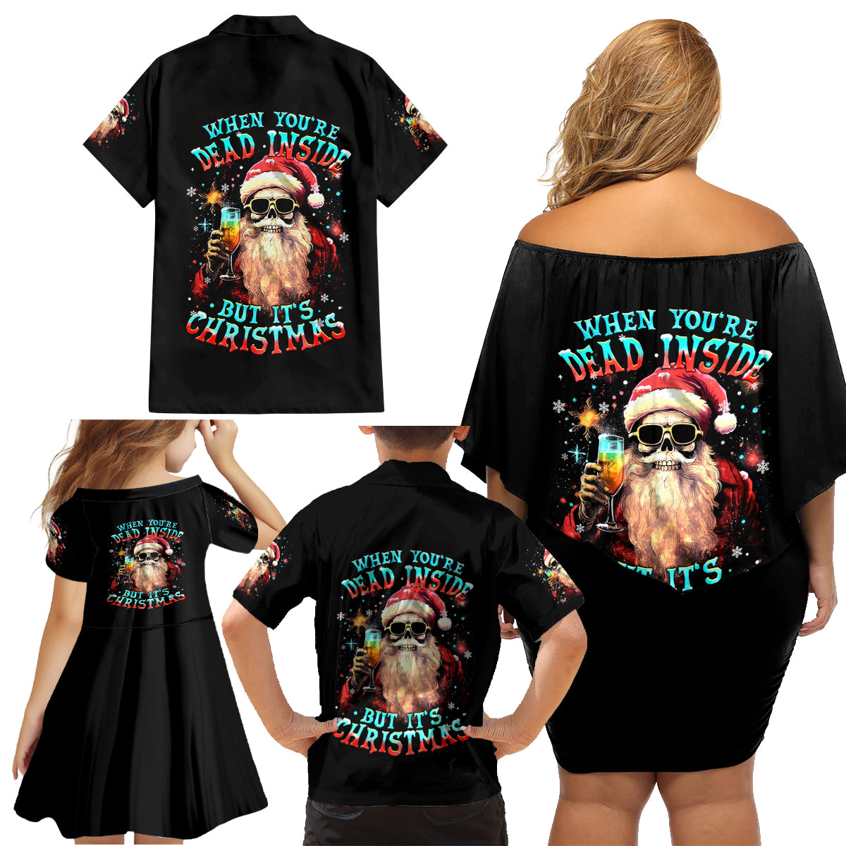 Skeleton Santa Claus Family Matching Off Shoulder Short Dress and Hawaiian Shirt Whe You're Dead Inside But It's Christmas - Wonder Print Shop