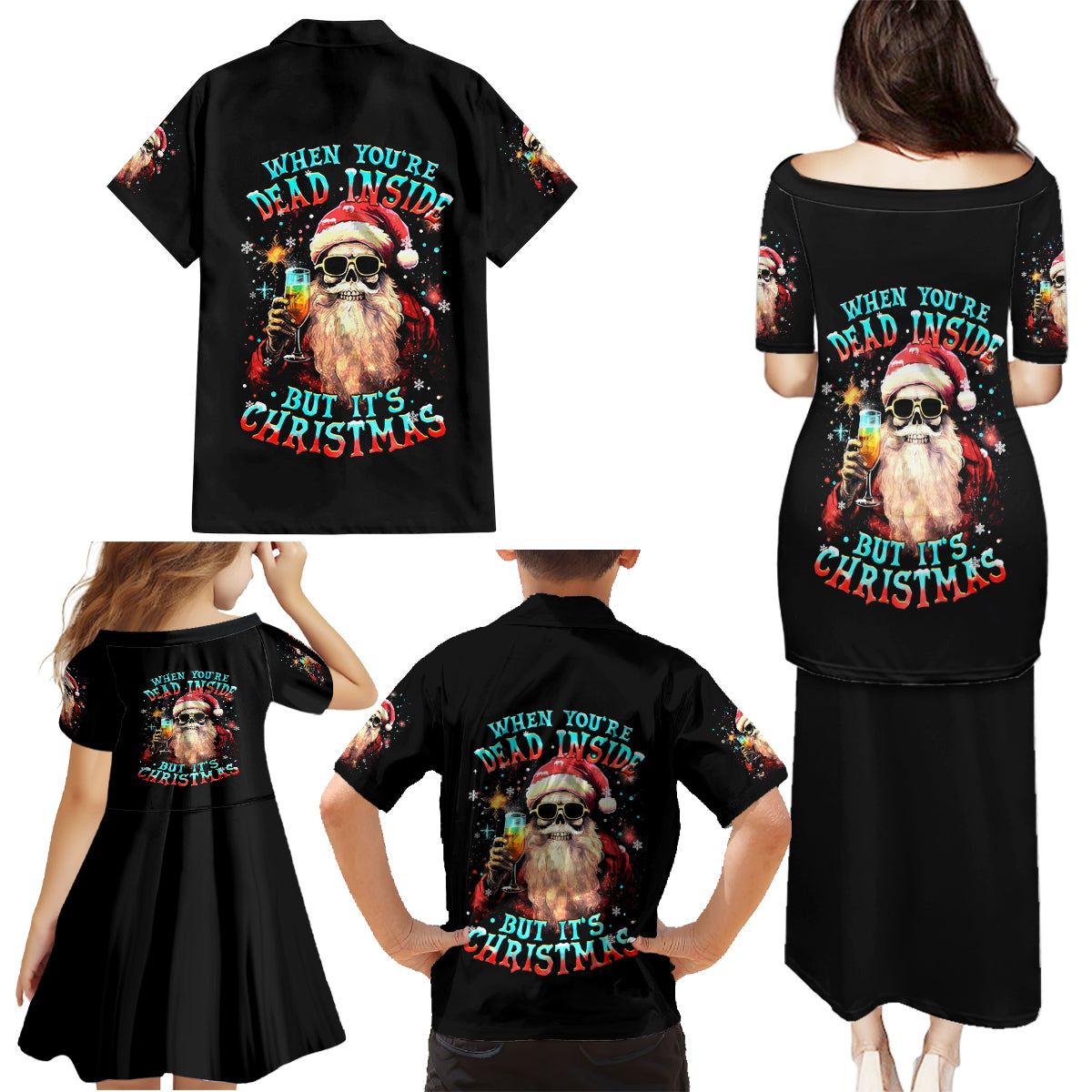 Skeleton Santa Claus Family Matching Puletasi Dress and Hawaiian Shirt Whe You're Dead Inside But It's Christmas - Wonder Print Shop