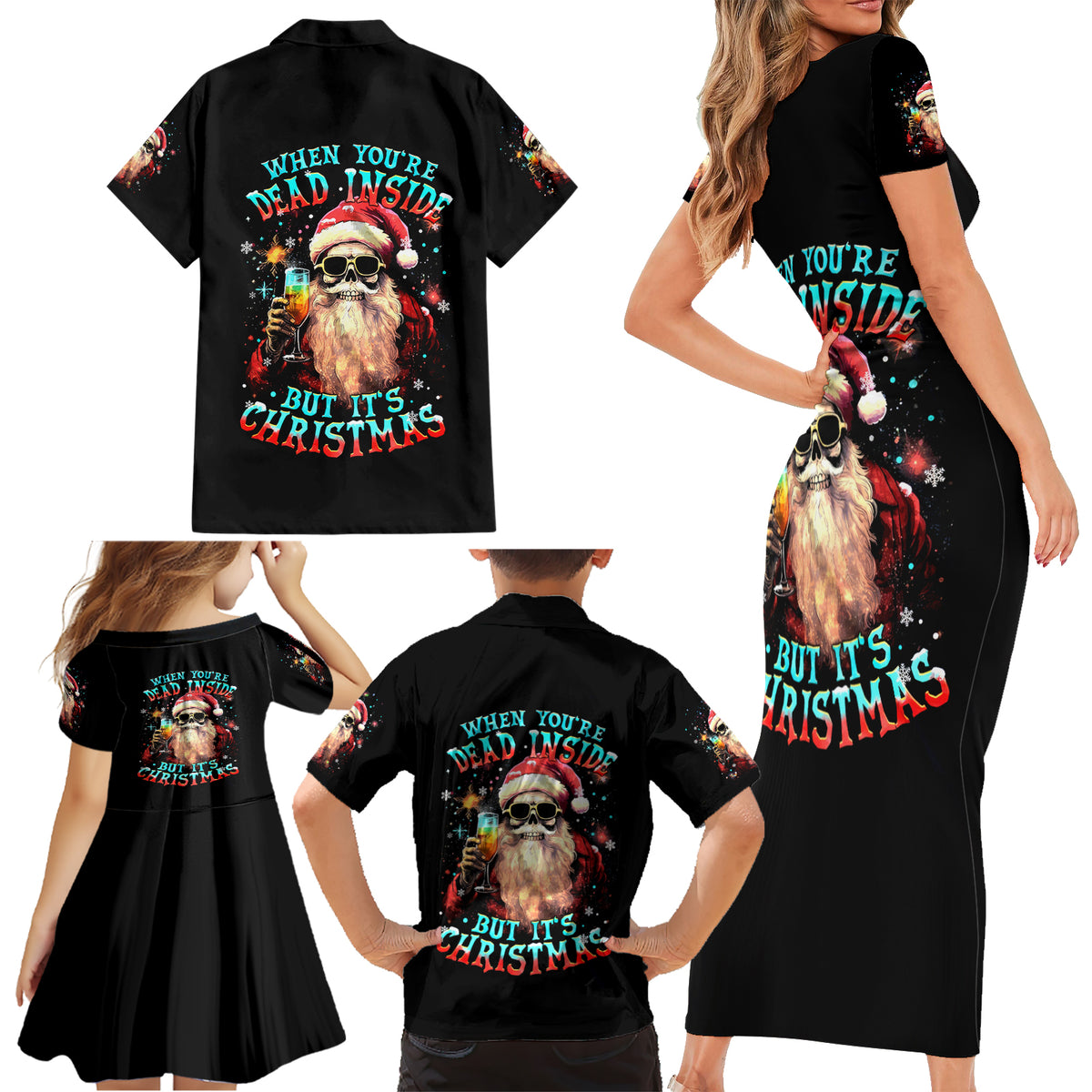 Skeleton Santa Claus Family Matching Short Sleeve Bodycon Dress and Hawaiian Shirt Whe You're Dead Inside But It's Christmas - Wonder Print Shop