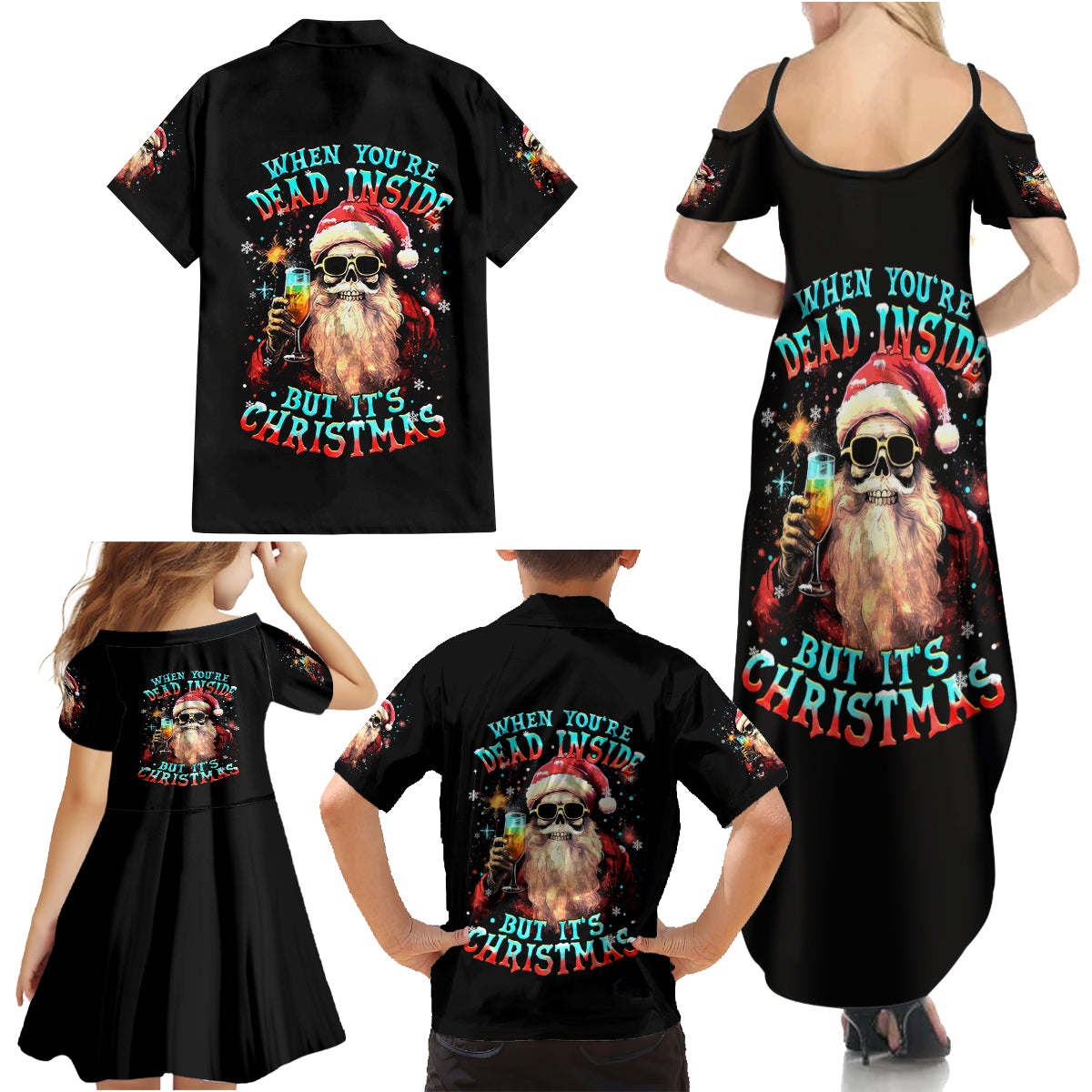 Skeleton Santa Claus Family Matching Summer Maxi Dress and Hawaiian Shirt Whe You're Dead Inside But It's Christmas - Wonder Print Shop