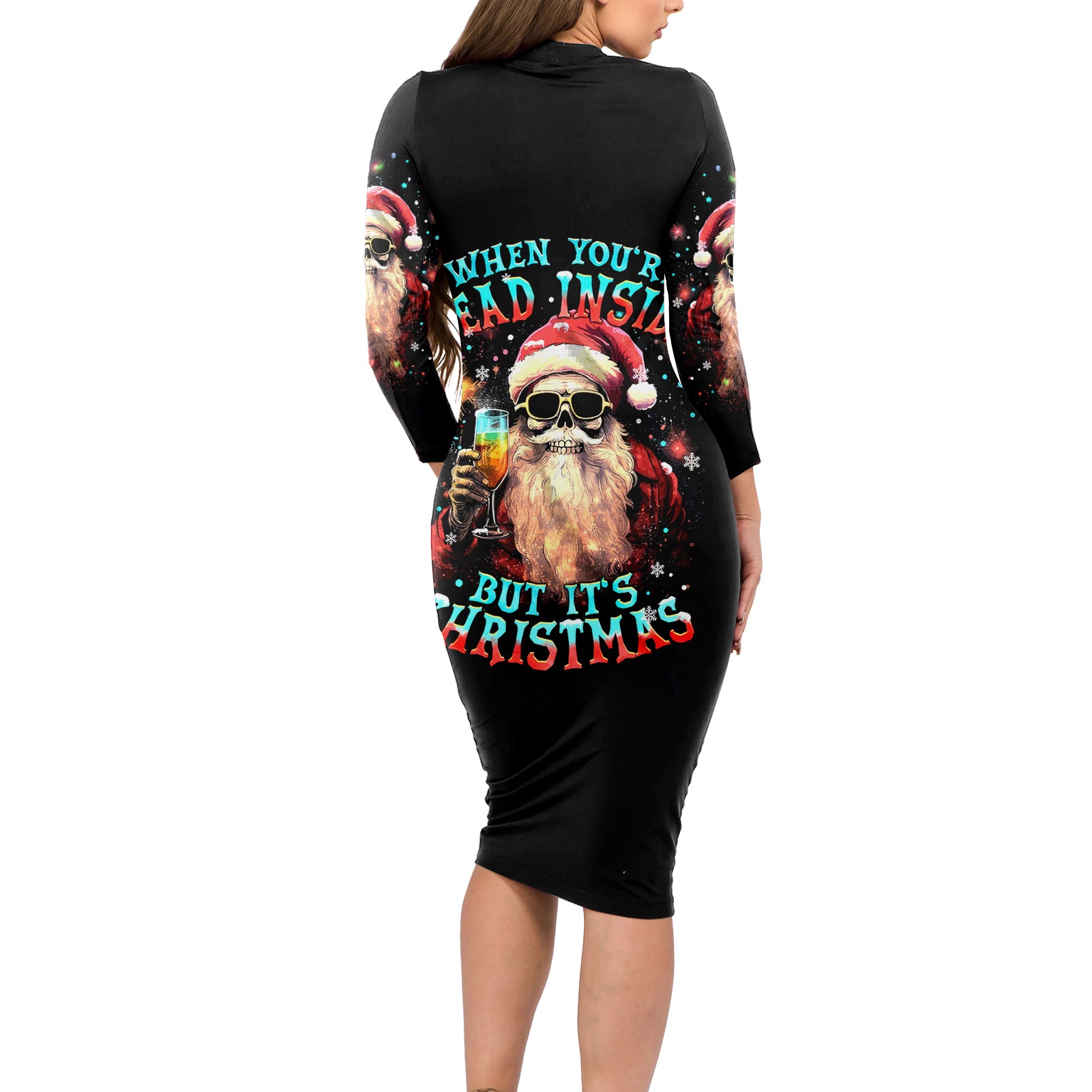 Skeleton Santa Claus Long Sleeve Bodycon Dress Whe You're Dead Inside But It's Christmas - Wonder Print Shop