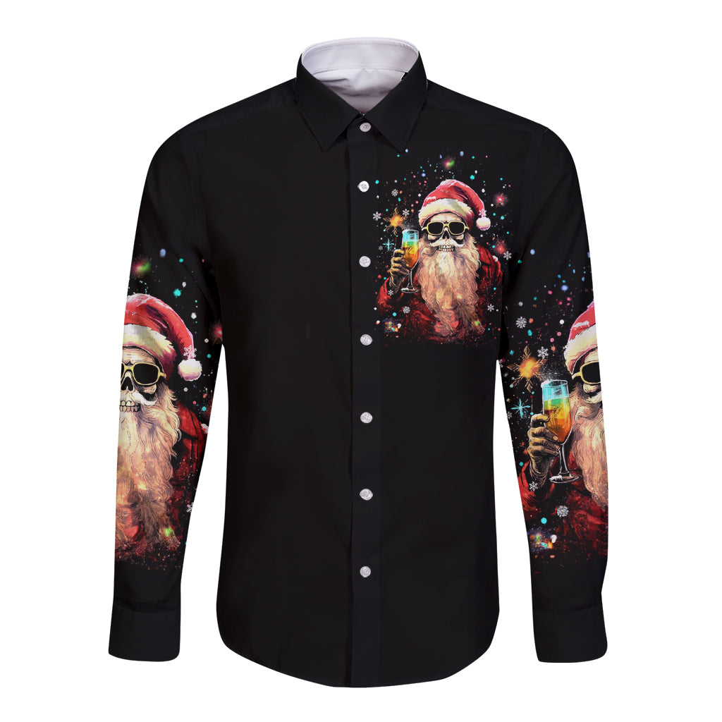Skeleton Santa Claus Long Sleeve Button Shirt Whe You're Dead Inside But It's Christmas - Wonder Print Shop