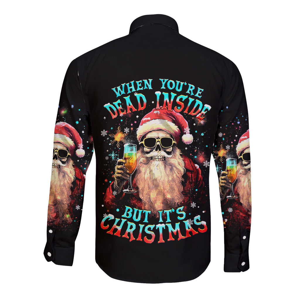 Skeleton Santa Claus Long Sleeve Button Shirt Whe You're Dead Inside But It's Christmas - Wonder Print Shop