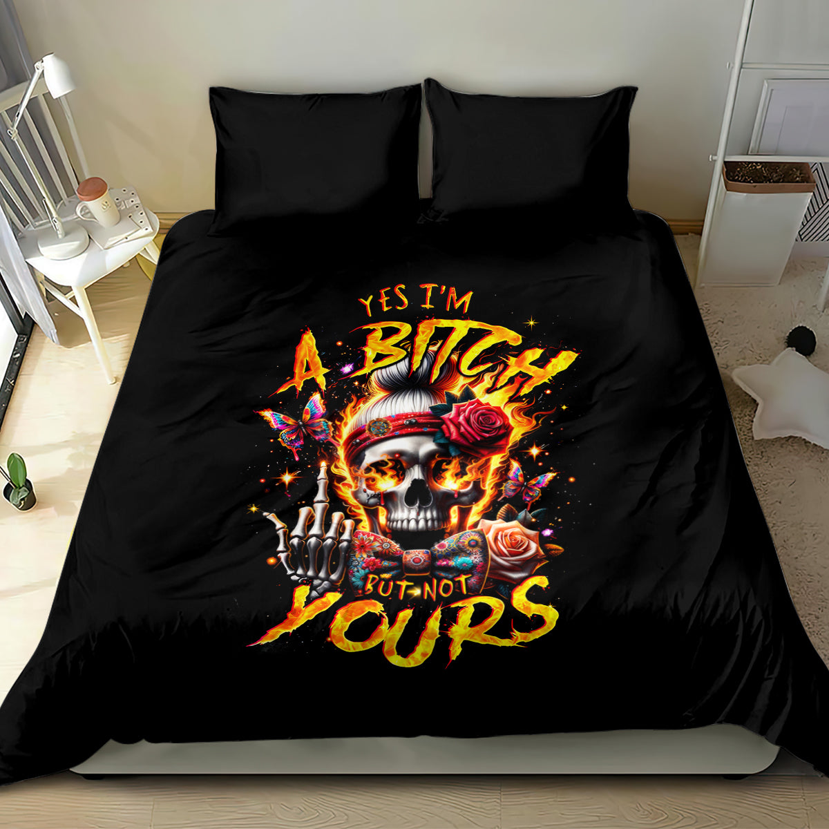Lady Skull Bedding Set Yes I'm A Bitch But Not Yours - Wonder Print Shop