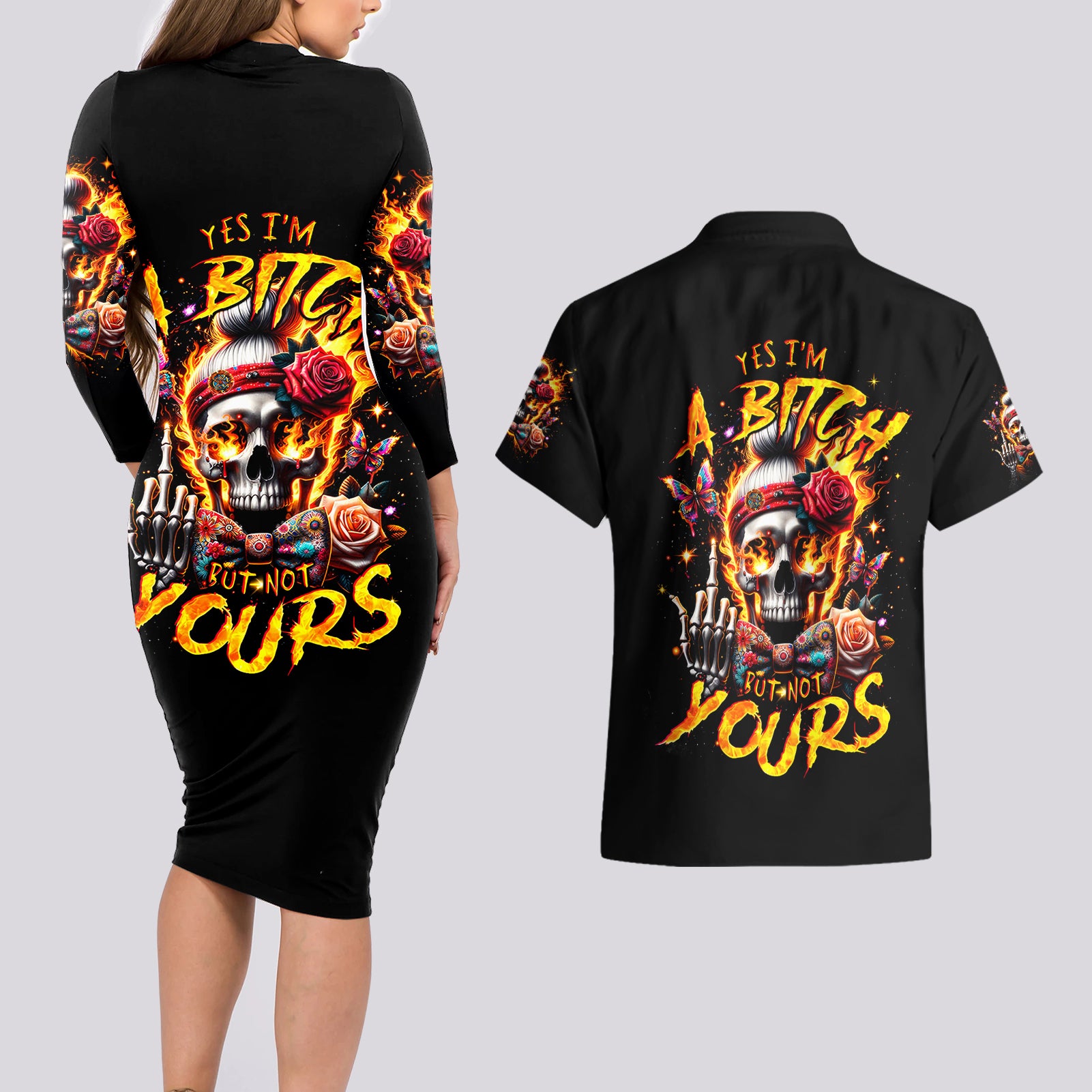 Lady Skull Couples Matching Long Sleeve Bodycon Dress and Hawaiian Shirt Yes I'm A Bitch But Not Yours - Wonder Print Shop