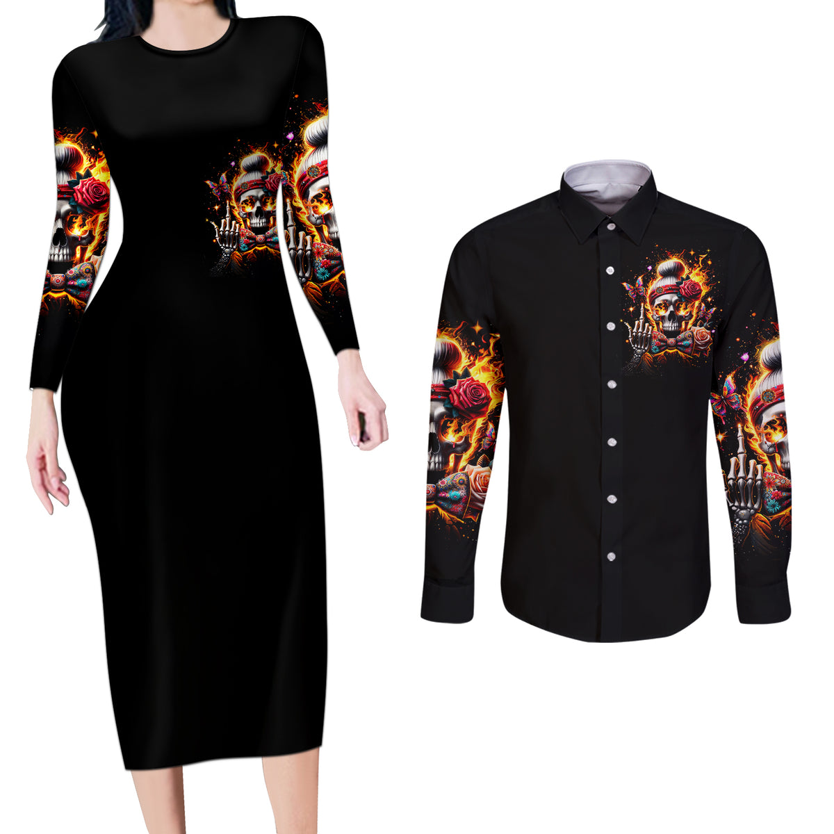 Lady Skull Couples Matching Long Sleeve Bodycon Dress and Long Sleeve Button Shirt Yes I'm A Bitch But Not Yours - Wonder Print Shop