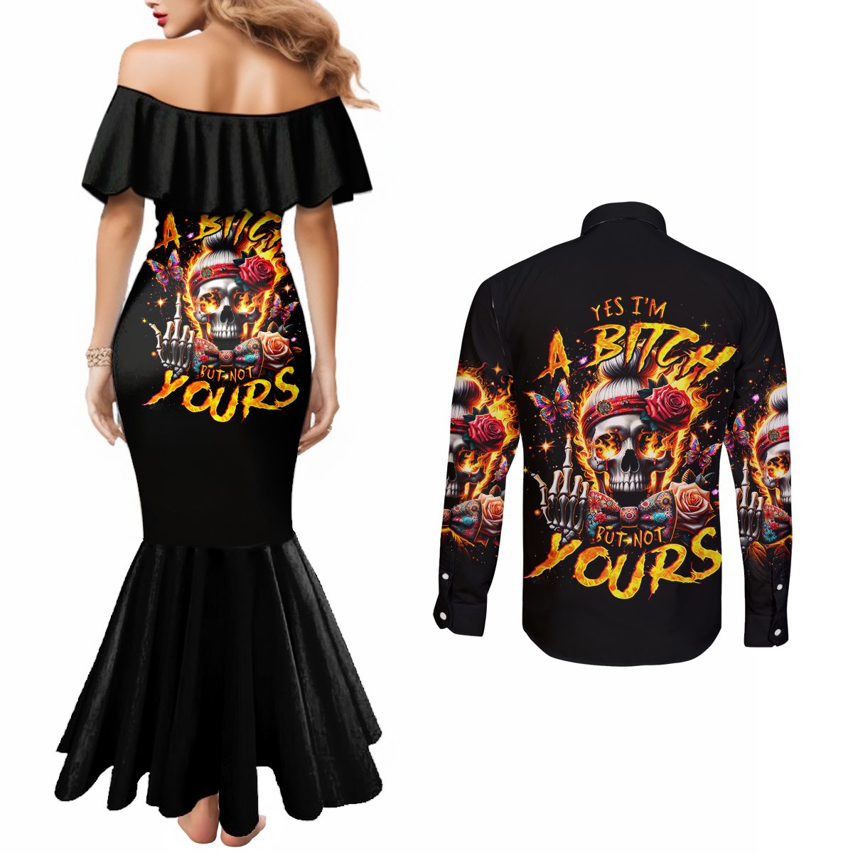 lady-skull-couples-matching-mermaid-dress-and-long-sleeve-button-shirt-yes-im-a-bitch-but-not-yours