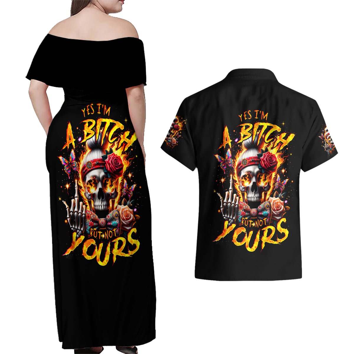 Lady Skull Couples Matching Off Shoulder Maxi Dress and Hawaiian Shirt Yes I'm A Bitch But Not Yours - Wonder Print Shop