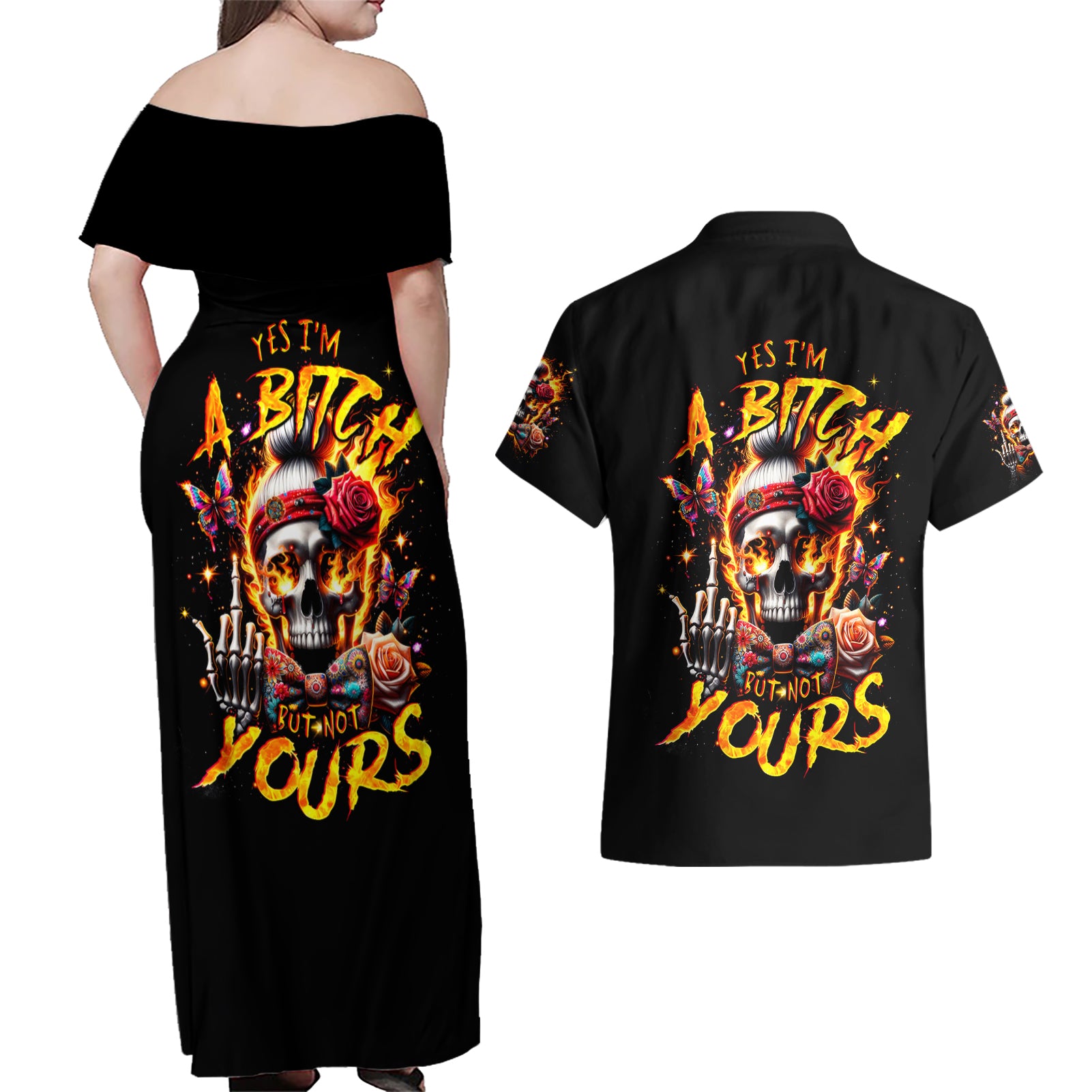 Lady Skull Couples Matching Off Shoulder Maxi Dress and Hawaiian Shirt Yes I'm A Bitch But Not Yours - Wonder Print Shop