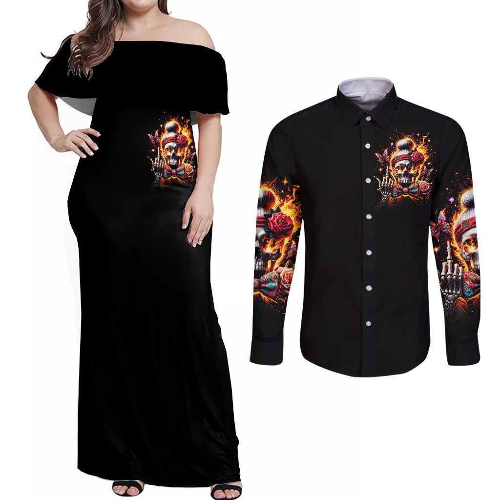 Lady Skull Couples Matching Off Shoulder Maxi Dress and Long Sleeve Button Shirt Yes I'm A Bitch But Not Yours - Wonder Print Shop