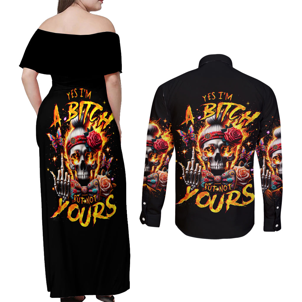Lady Skull Couples Matching Off Shoulder Maxi Dress and Long Sleeve Button Shirt Yes I'm A Bitch But Not Yours - Wonder Print Shop
