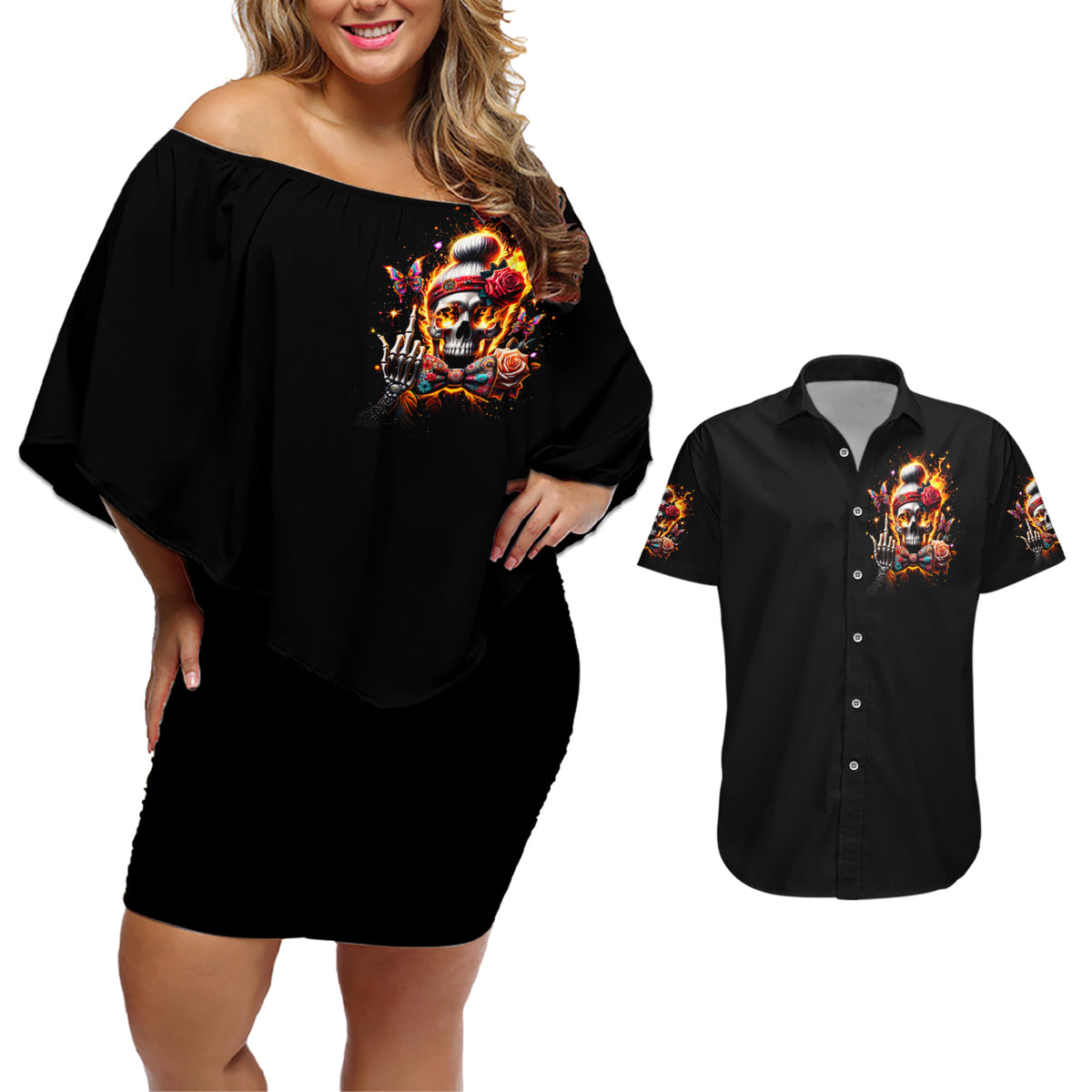 Lady Skull Couples Matching Off Shoulder Short Dress and Hawaiian Shirt Yes I'm A Bitch But Not Yours - Wonder Print Shop