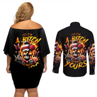 Lady Skull Couples Matching Off Shoulder Short Dress and Long Sleeve Button Shirt Yes I'm A Bitch But Not Yours - Wonder Print Shop