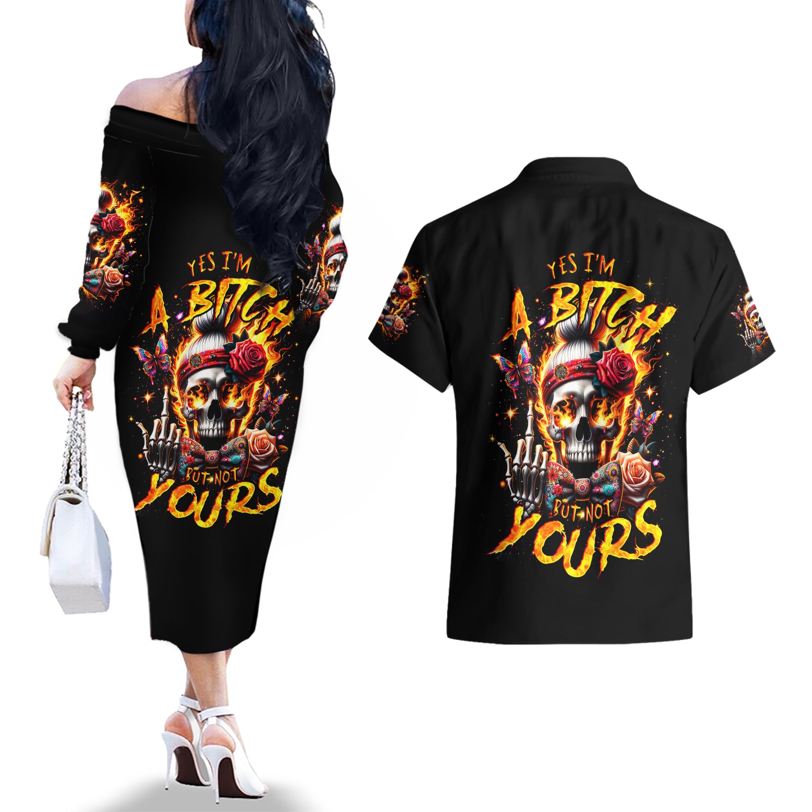 Lady Skull Couples Matching Off The Shoulder Long Sleeve Dress and Hawaiian Shirt Yes I'm A Bitch But Not Yours - Wonder Print Shop