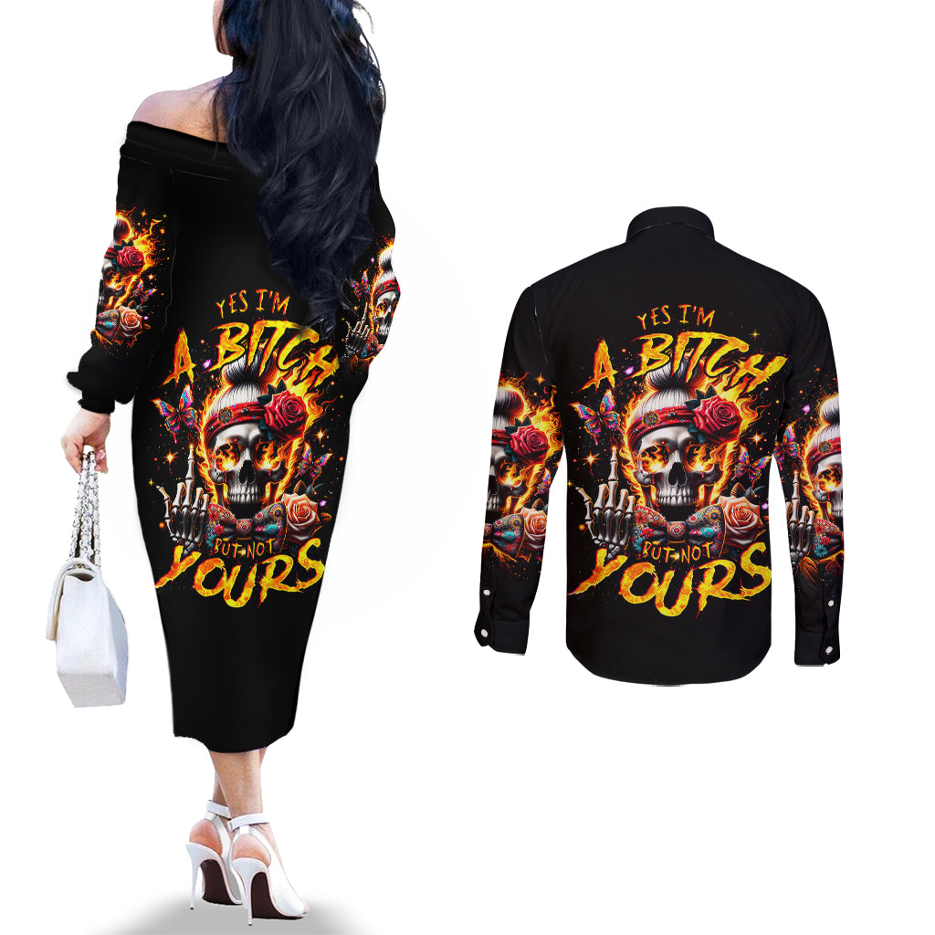lady-skull-couples-matching-off-the-shoulder-long-sleeve-dress-and-long-sleeve-button-shirt-yes-im-a-bitch-but-not-yours