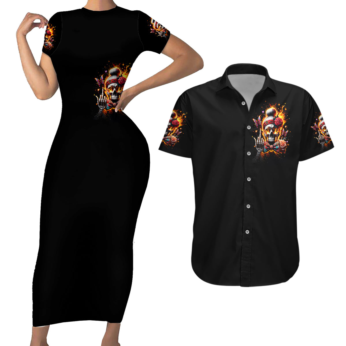 Lady Skull Couples Matching Short Sleeve Bodycon Dress and Hawaiian Shirt Yes I'm A Bitch But Not Yours - Wonder Print Shop