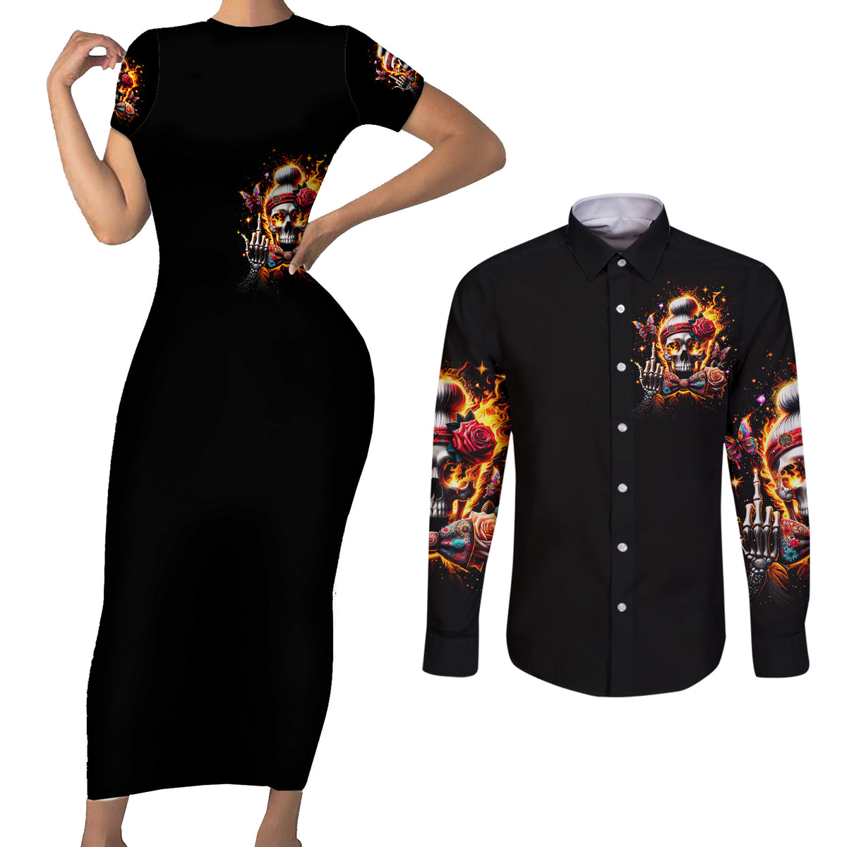 Lady Skull Couples Matching Short Sleeve Bodycon Dress and Long Sleeve Button Shirt Yes I'm A Bitch But Not Yours - Wonder Print Shop