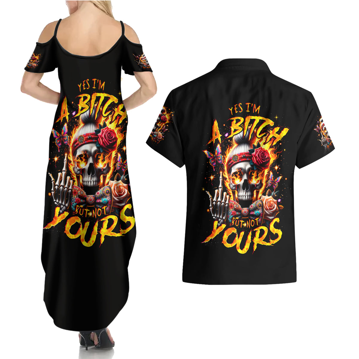 Lady Skull Couples Matching Summer Maxi Dress and Hawaiian Shirt Yes I'm A Bitch But Not Yours - Wonder Print Shop